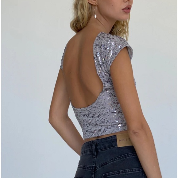 Motel Rocks Backless Silver Sequin Top - Picture 2 of 4